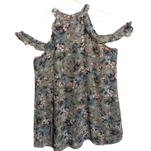 EXHILARATION Women's Mini dress Large high Neck cold shoulder green floral w-212